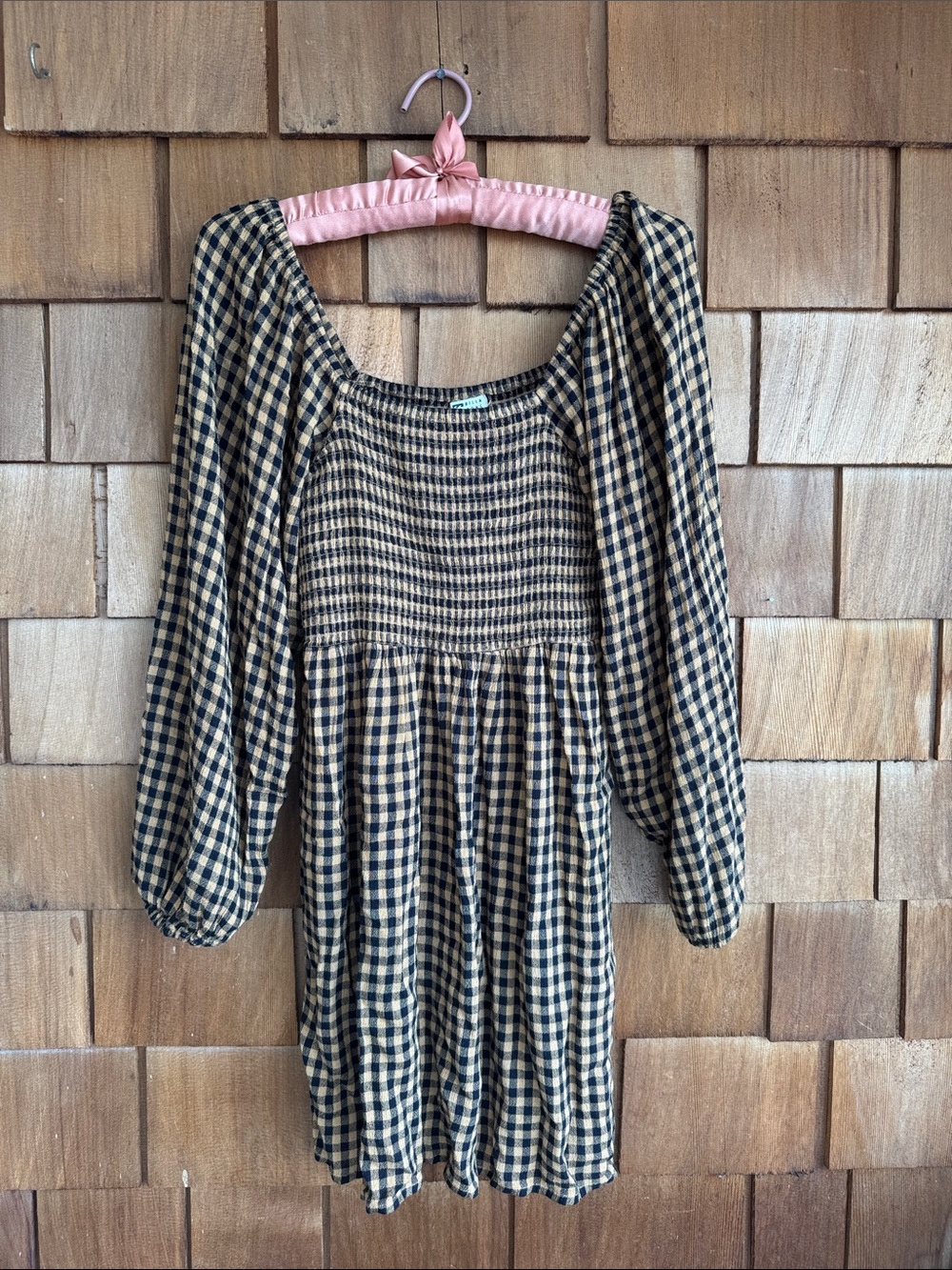 Billabong Black and Tan Gingham Smocked Babydoll Dress